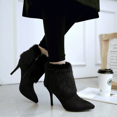 天鞋子女短靴尖頭細(xì)跟跟靴子2017新款韓版兔毛及踝靴加絨婚靴 賓如意靴子型號【價格 圖片 品牌 報價】-蘇寧易購樸云服飾鞋帽專營店