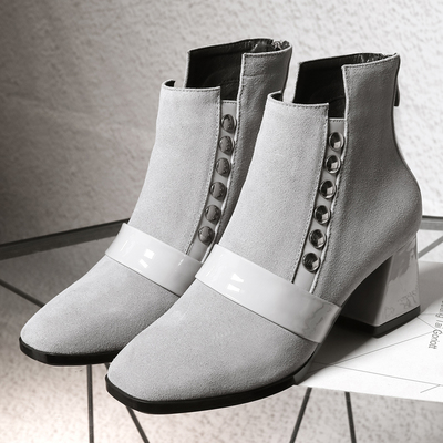 時尚與舒適并存 2017新款賓如意個性鉚釘粗跟短靴